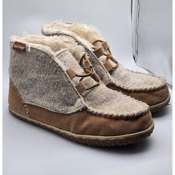 Minnetonka Shoes - Minnetonka Women's Torrey 10 Tan Knit Suede Moccasin Ankle Boots Faux Fur Lined